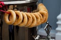 bagels on a samovar, folk Russian decoration at the traditional festival of winter wires, Maslenitsa