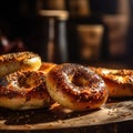 Bagels On Stone In Rustic Pub. Generative AI Royalty Free Stock Photo