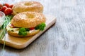 Bagels wtih cream cheese, tomatoes and chives for healthy snack