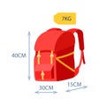 Baggage allowance. Backpack with dimensional arrows weight tag. Weight and size of luggage allowance. Hand luggage requirements