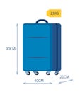 Baggage allowance. Wheeled suitcase with dimensional arrows weight tag. Weight and size of luggage allowance. Hand luggage