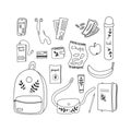 Baggage for business travel - vector hand drawn doodle illustration set. Business trip or Time to Travel cartoon concept Royalty Free Stock Photo