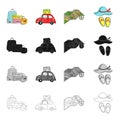 Baggage, a car with things, a map and a compass, a hat and slippers. Family holiday set collection icons in cartoon