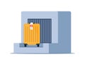 Baggage check-in. Suitcase with label on weighting luggage belt. Security check point, metal detector, x-ray scanner. Vector