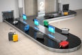 Baggage claim in airport terminal. Suitcases on the airport luggage conveyor belt