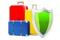 Baggage insurance concept, suitcases with shield. 3D rendering