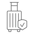 Baggage insurance thin line icon, protection and luggage, travel safety sign, vector graphics, a linear pattern on a