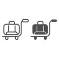 Baggage line and glyph icon. Luggage trolley, cart with briefcase symbol, outline style pictogram on white background