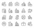 Baggage line icons. Travel bag size, Check weight and Backpack set. Vector