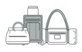 Baggage or luggage, suitcase and sport bag or valise isolated line icon
