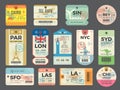 Baggage retro tags. Traveling old tickets flight labels stamps for luggage vector set Royalty Free Stock Photo