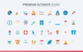 Summer beach vacation and travel trendy flat icons set, baggage for ship cruise, pool party Royalty Free Stock Photo