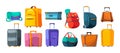 Baggage suitcase. Cartoon luggage for traveling, backpack rucksack, luggage for departure and arrival, storage for