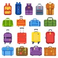 Baggage suitcase. Handle travel bag, luggage backpack and business suitcases isolated flat vector set