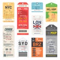 Baggage tags and travel tags. Luggage tags and labels for airport passengers. Set of luggage labels and stickers for travelers