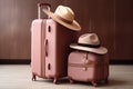 Baggage traveler luggage blue accessories hat airport lifestyle handle journey trip holiday suitcase Royalty Free Stock Photo