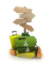 Baggage and wooden sign