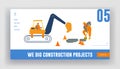 Bagger Excavating Work on Road Repair or Construction Site Foundation Website Landing Page. Excavator Machine