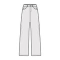 Baggy Jeans Denim pants technical fashion illustration with full length, low waist, rise, 5 pockets, Rivets, belt loops