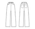 Baggy Jeans Denim pants technical fashion illustration with full length, normal waist, 5 pockets, Rivets, belt loops