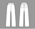 Baggy Jeans Denim pants technical fashion illustration with full length, normal waist, 5 pockets, Rivets, belt loops