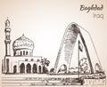 Baghdad cityscape mosque - Iraq. Sketch. Royalty Free Stock Photo