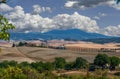 Bagno Vignoni, Tuscany, Italy. August 2020. The amazing Tuscan countryside: the photo highlights the cypress-lined avenue of a Royalty Free Stock Photo