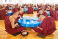 BAGO, MYANMAR -November 26, 2015: Monks having lunch in the mona