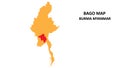 Bago State and regions map highlighted on Burma myanmar map
