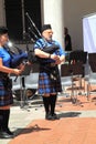 The bagpipe players of the City Of Rome Pipe Band during the Music Band Festival which was held in Genoa from 6 to 9 July 2023.