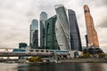 Bagration Bridge and Modern skyscrapers of the Moscow International Business Centre MIBC on the Moscow river embankment. Russia. Royalty Free Stock Photo