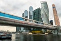 Bagration Bridge and Modern skyscrapers of the Moscow International Business Centre MIBC on the Moscow river embankment. Russia. Royalty Free Stock Photo