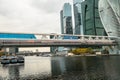 Bagration Bridge over the Moscow river on the background of Moscow International Business Centre MIBC. Russia. Royalty Free Stock Photo