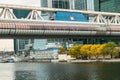 Bagration Bridge over the Moscow river on the background of Moscow International Business Centre MIBC. Russia. Royalty Free Stock Photo