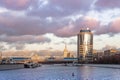 Bagrationovsky bridge against the background of a beautiful sunset sky with clouds. Moscow. Russia.