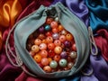 Bags with bobbins of colorful thread and woolen balls