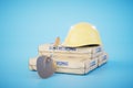 bags of cement, a protective construction helmet and a spatula on a blue background. 3D render