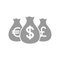 Bags of dollar pound and euro money icon. Euros, dollars and pounds money bag icon. Money sack icon. Royalty Free Stock Photo