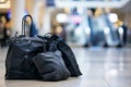 bags on floor, blurred interactive mall directory Royalty Free Stock Photo