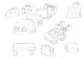 Bags and garbage and bench ,sketches and pencil sketches and doodles Royalty Free Stock Photo