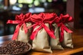 bags of local coffee beans tied with bow
