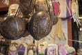 Bags made of coconut shell. Close-up. The souvenir shop was taken Royalty Free Stock Photo