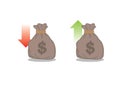 Bags with red and green arrow. Concept of value of money, stock, currency, investment, budget or interest rate