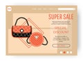 Bags sale landing page. Online shopping. Fashionable clothing boutique. Website template design. Leather tote and clutch