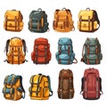 Bags set. Backpack, schoolbag, suitcase, sack, Set of Cartoon backpacks, travel bags. Large collection of backpacks or rucksacks.