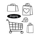 Bags and shopping cart set hand drawn in doodle style. elements scandinavian monochrome minimalism simple vector. shopping, love,