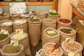 Bags of spices and nuts at an Jerusalem market Israel