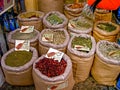 Bags of spices and nuts at an Jerusalem market Israel