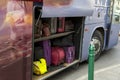 Bags and suitcases in the luggage compartment on a tourist bus