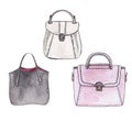 Bags. Watercolor handbag illustrations. Black, pink, white bags